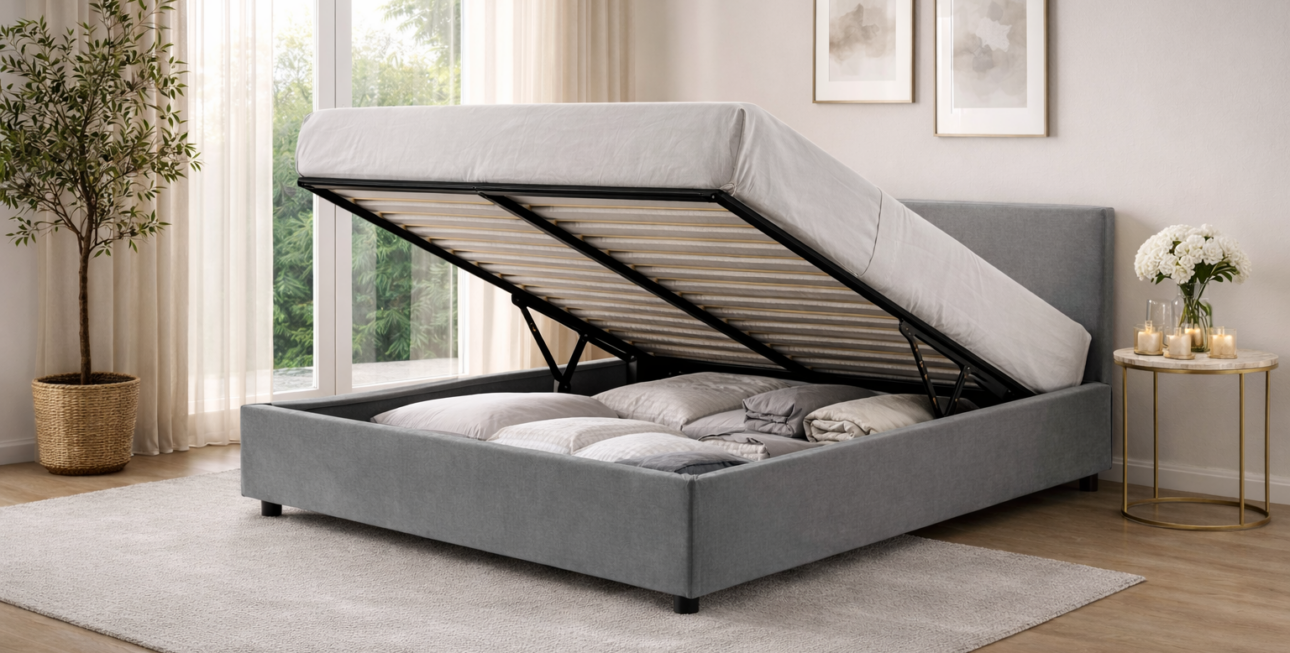 Letto con contenitore ordinato e luminoso